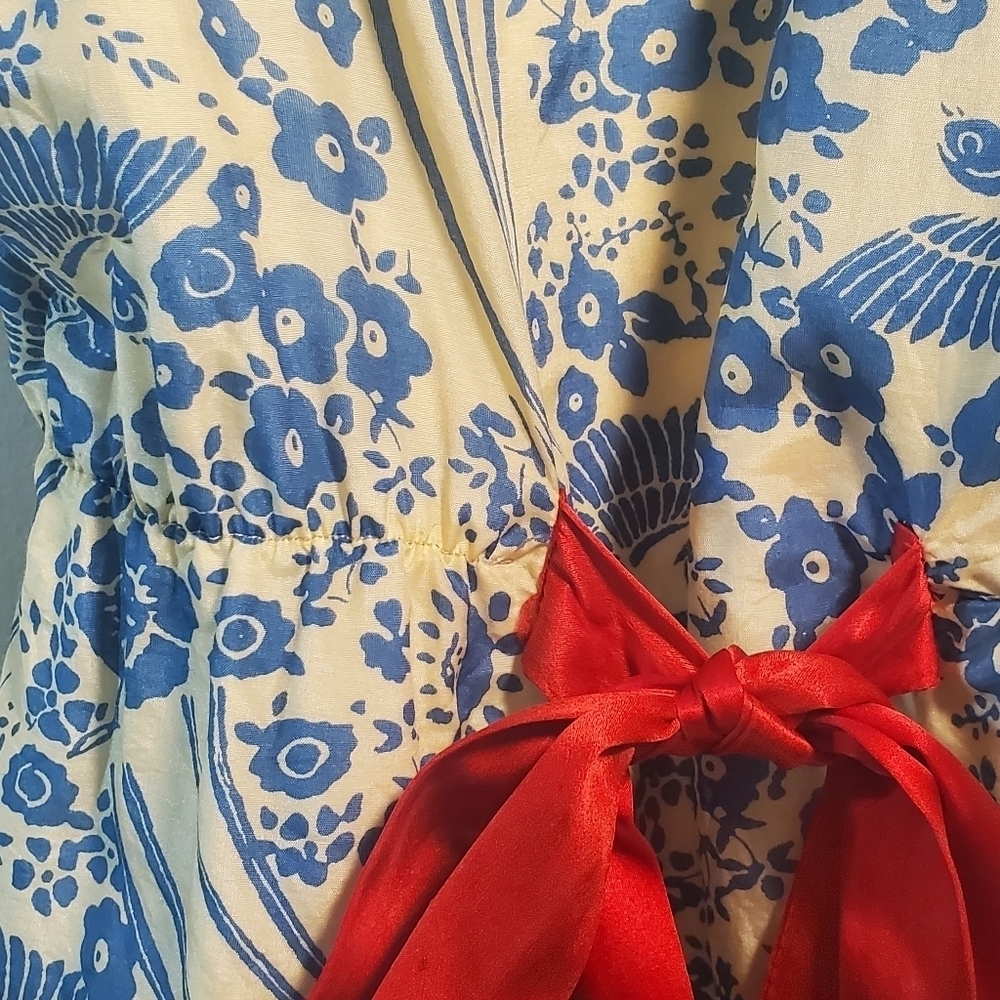 ANTHROPOLOGIE Midi Sundress Flutter Neckline Floral A-Line Ruffle Blue & Cream - Picture 11 of 15